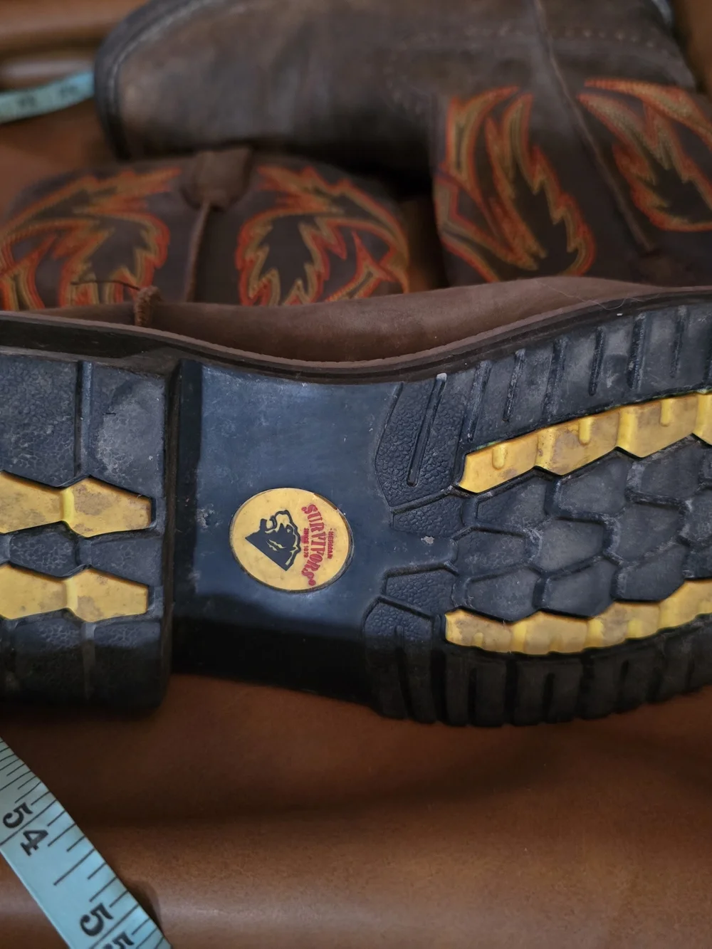 Men's 8.5 Brown Western Work Boots with Embroidered Flame Detail